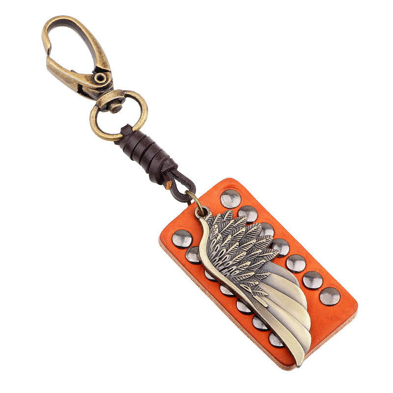 Guardian Angel Image Genuine Leather Rivet Men's Keychain | Spiritual Protection