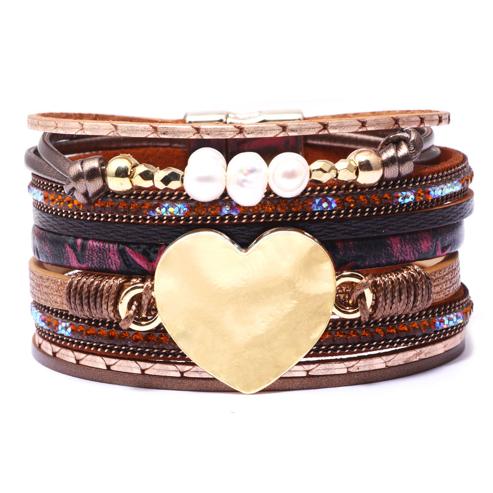 Spiritual Connection Guard Color - PU Leather Woven Pearl Bracelet | Love - Heart Totem Energy Bonding