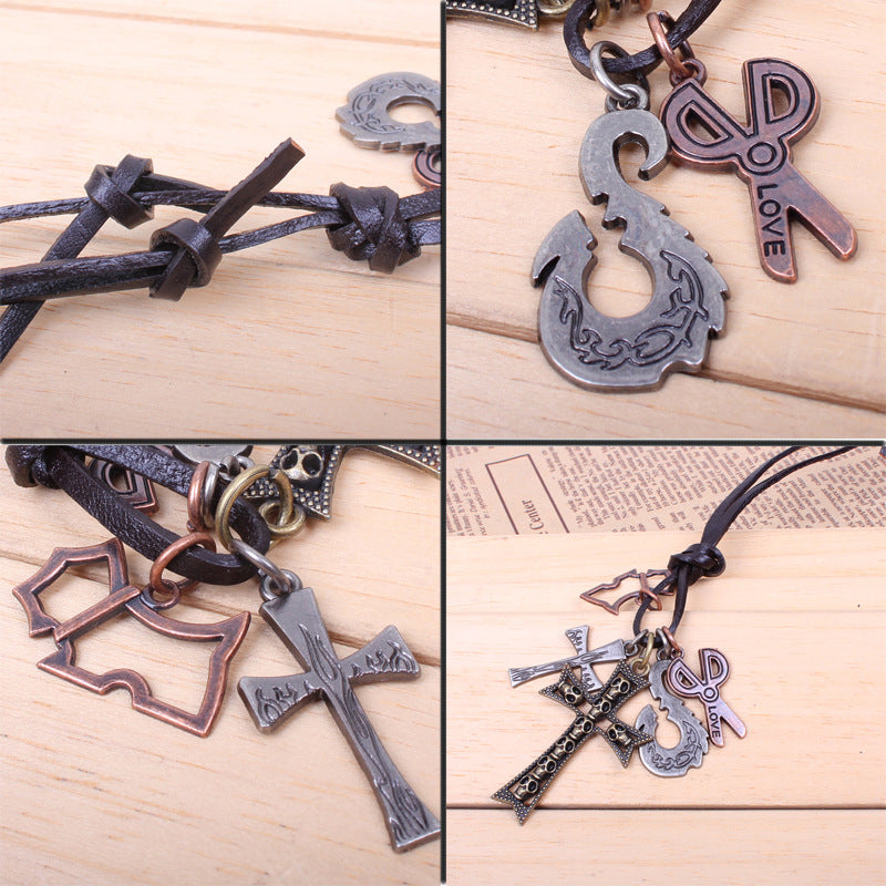 Vintage Copper Leather Handwoven Cross Small Scissors Necklace | Multi-Element Ornaments | Talismans | Wealth Symbols