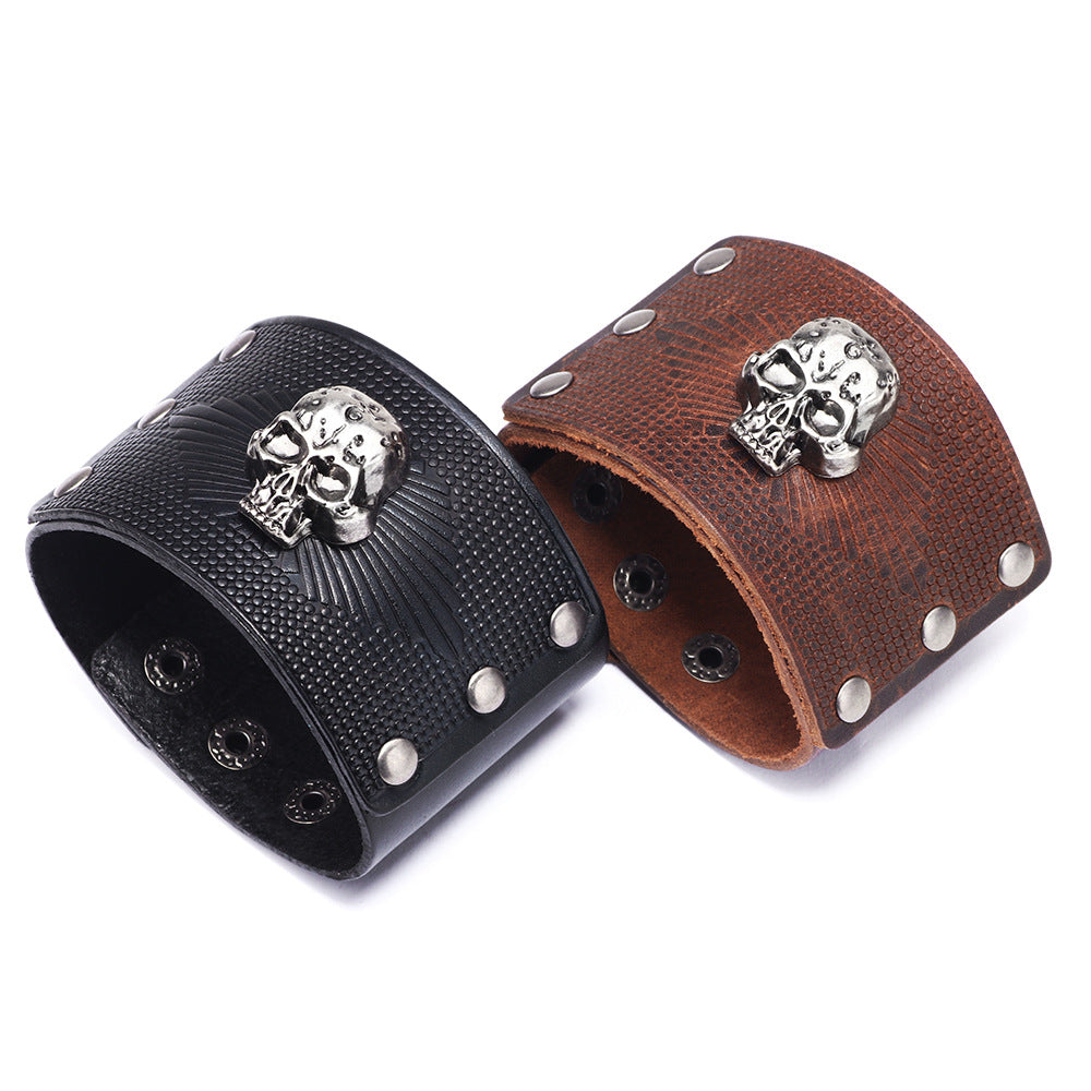 Shitolin Lord Guardian Cowhide Wide Bracelet | Men's European and American Style | Skull Energy Blessing