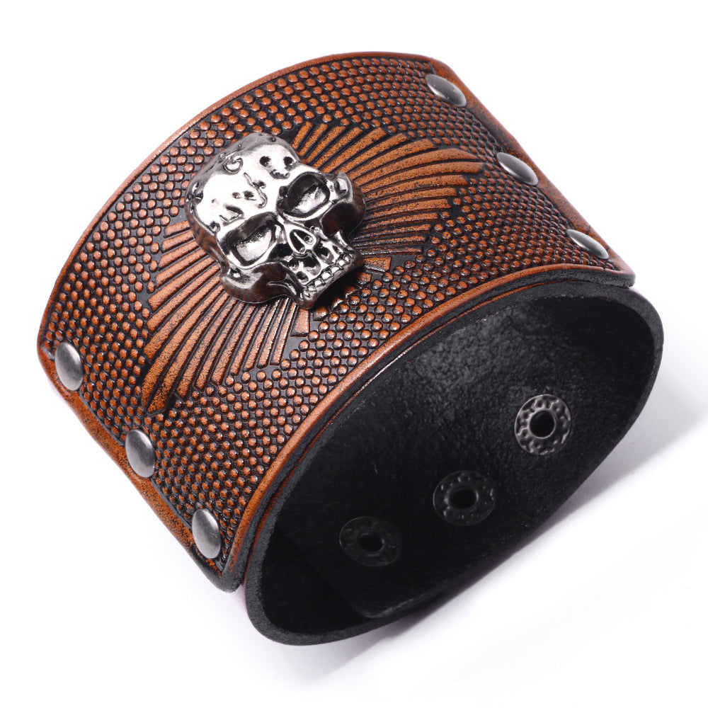 Shitolin Lord Guardian Cowhide Wide Bracelet | Men's European and American Style | Skull Energy Blessing