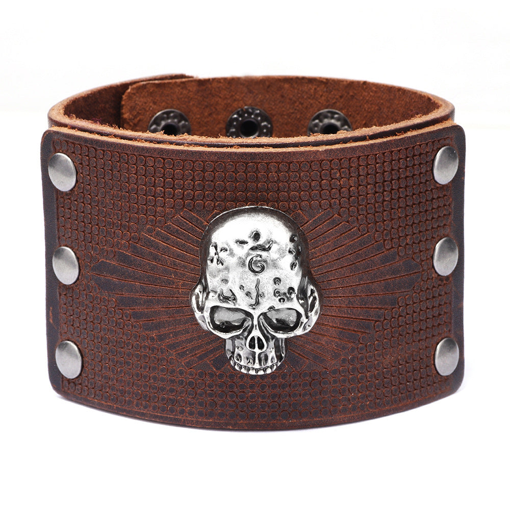 Shitolin Lord Guardian Cowhide Wide Bracelet | Men's European and American Style | Skull Energy Blessing