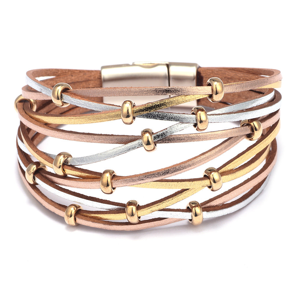 Bohemian Free Spirit Leather Braided Bracelet with Gold and Silver Beads - Beach Style Energy Bracelet for Women