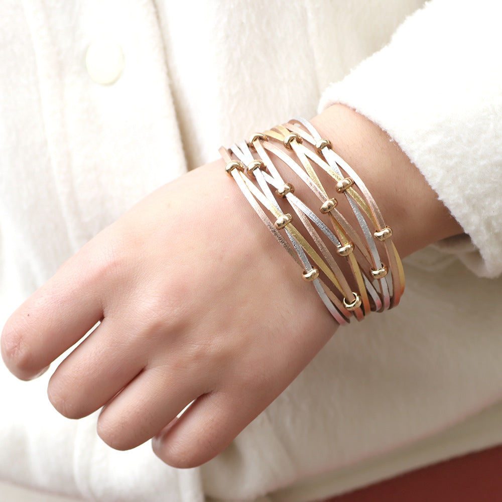 Bohemian Free Spirit Leather Braided Bracelet with Gold and Silver Beads - Beach Style Energy Bracelet for Women