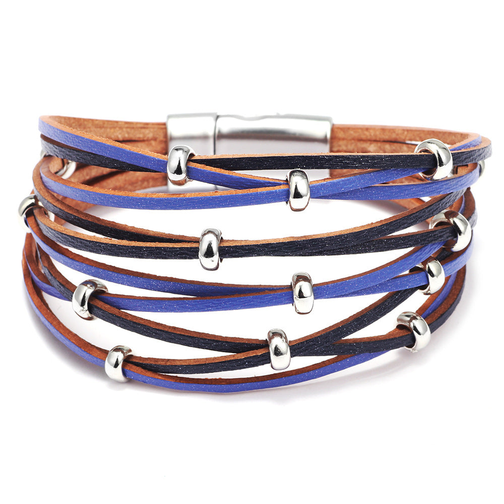 Bohemian Free Spirit Leather Braided Bracelet with Gold and Silver Beads - Beach Style Energy Bracelet for Women