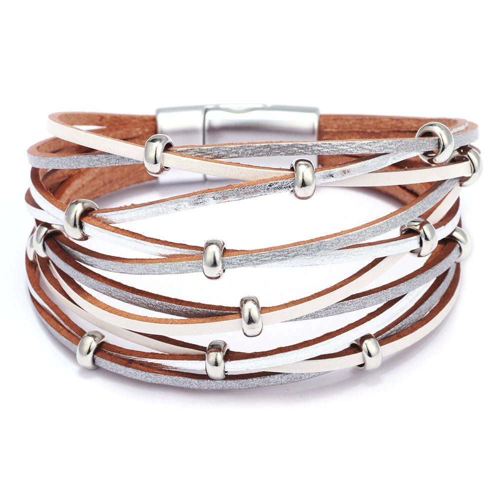 Bohemian Free Spirit Leather Braided Bracelet with Gold and Silver Beads - Beach Style Energy Bracelet for Women