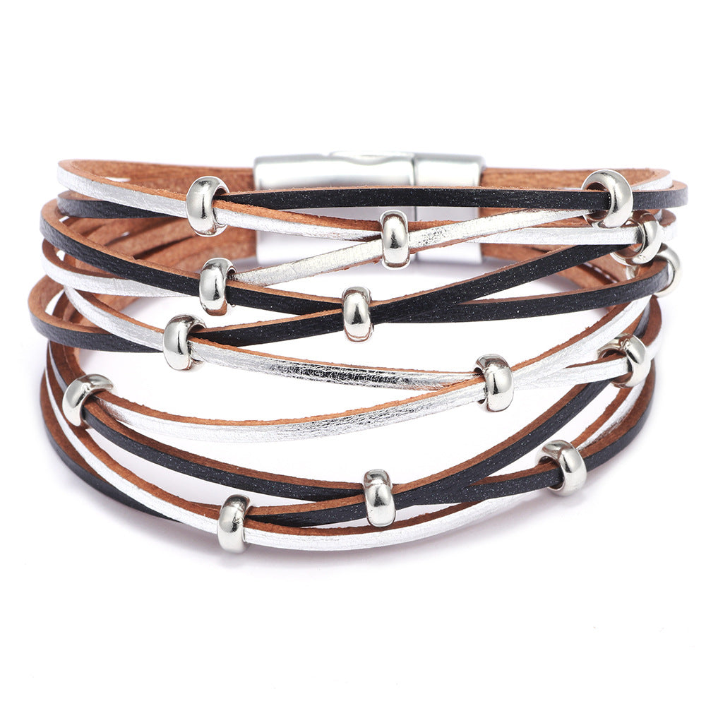 Bohemian Free Spirit Leather Braided Bracelet with Gold and Silver Beads - Beach Style Energy Bracelet for Women