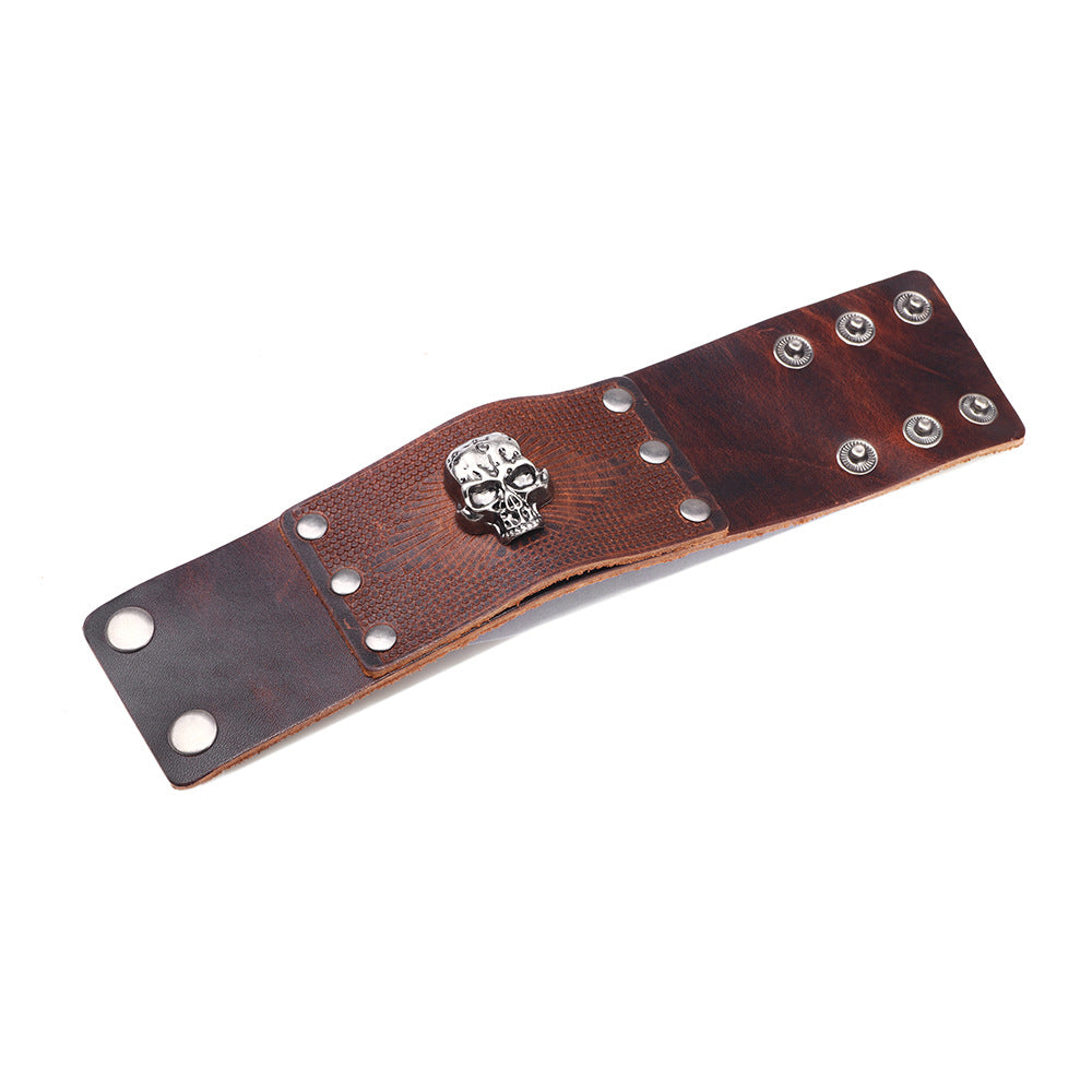 Shitolin Lord Guardian Cowhide Wide Bracelet | Men's European and American Style | Skull Energy Blessing