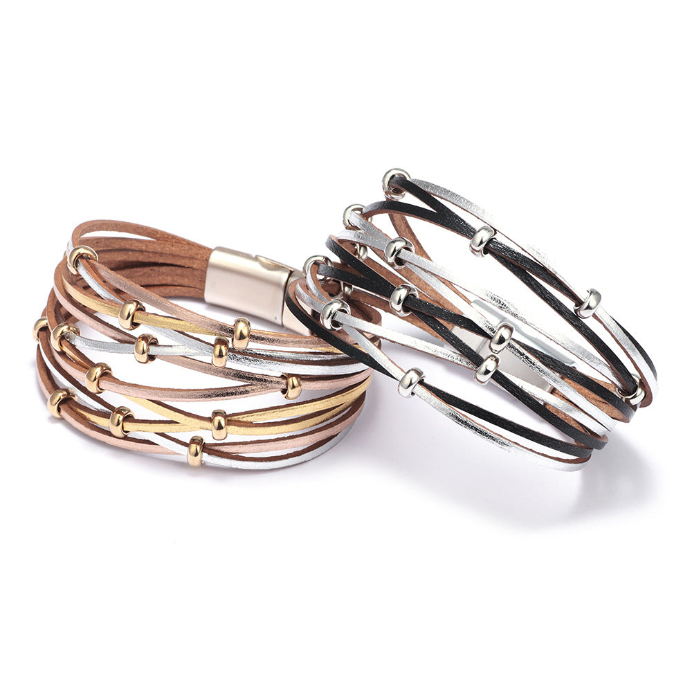 Bohemian Free Spirit Leather Braided Bracelet with Gold and Silver Beads - Beach Style Energy Bracelet for Women