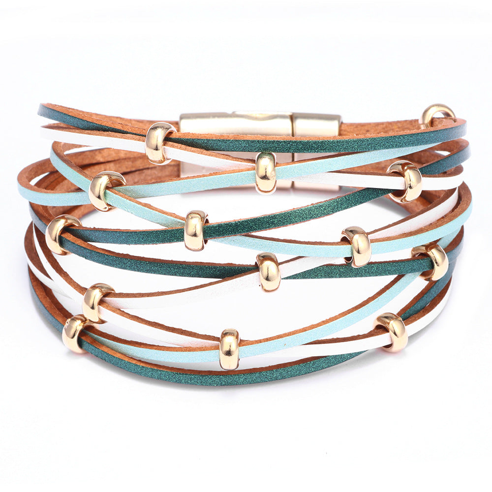 Bohemian Free Spirit Leather Braided Bracelet with Gold and Silver Beads - Beach Style Energy Bracelet for Women