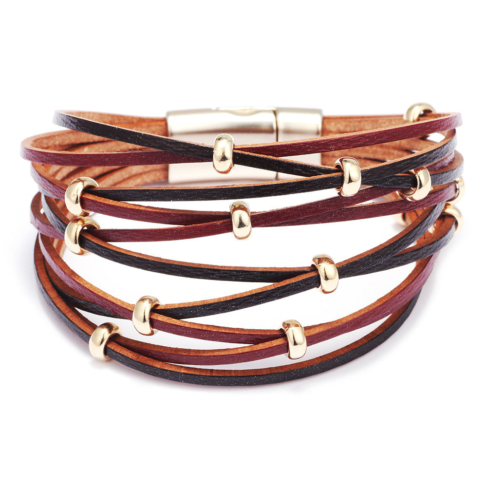 Bohemian Free Spirit Leather Braided Bracelet with Gold and Silver Beads - Beach Style Energy Bracelet for Women