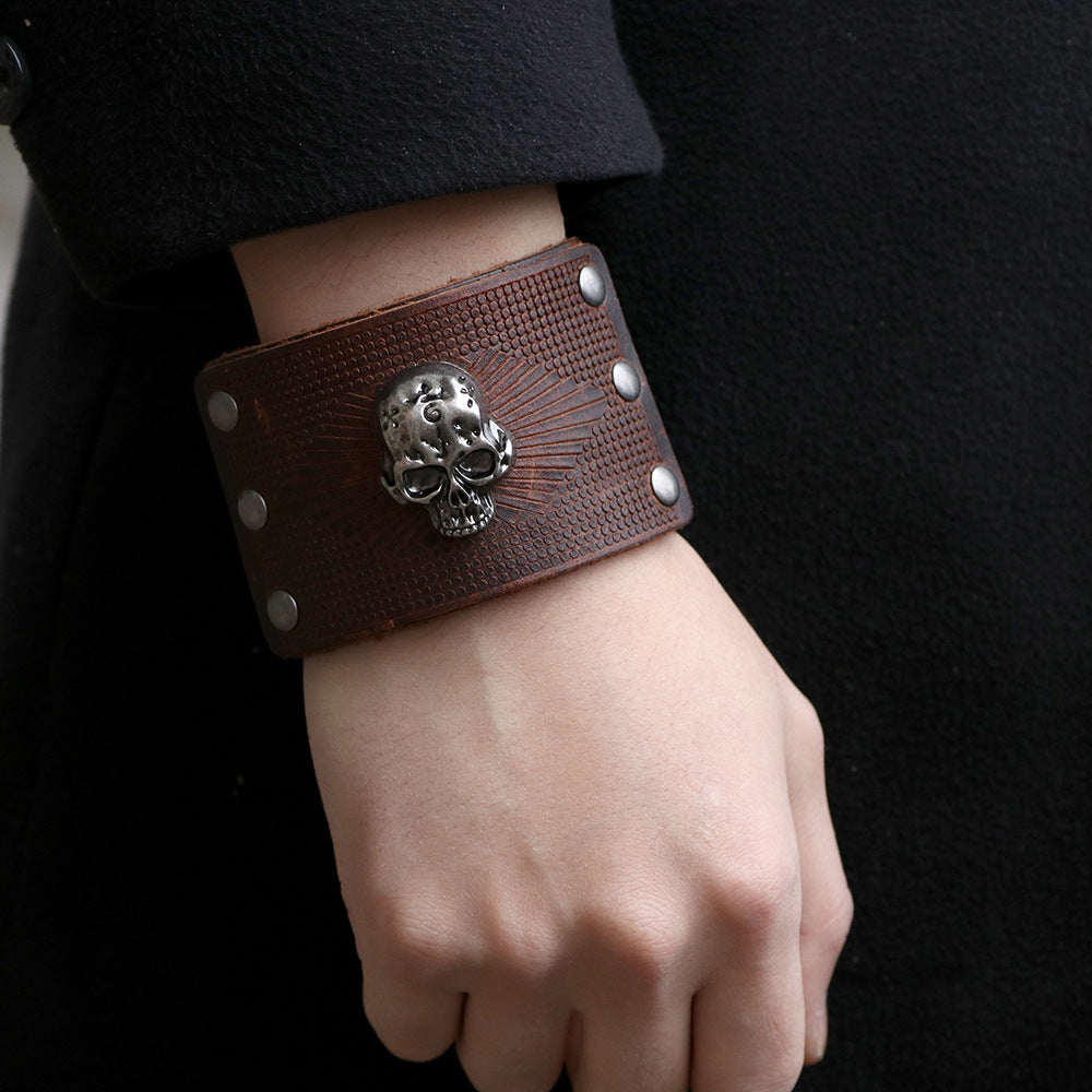 Shitolin Lord Guardian Cowhide Wide Bracelet | Men's European and American Style | Skull Energy Blessing