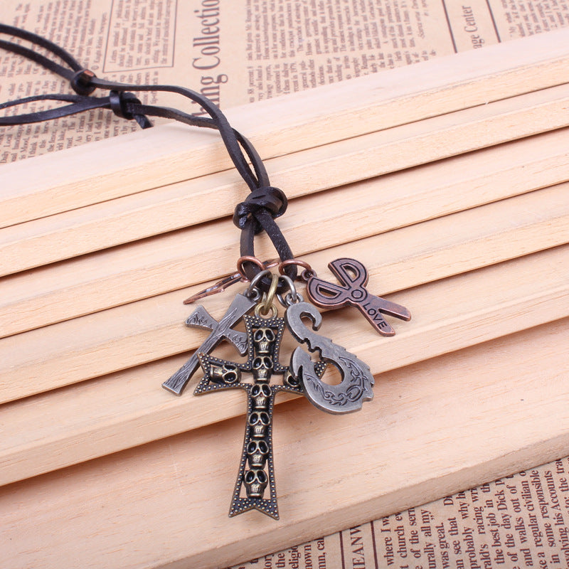 Vintage Copper Leather Handwoven Cross Small Scissors Necklace | Multi-Element Ornaments | Talismans | Wealth Symbols