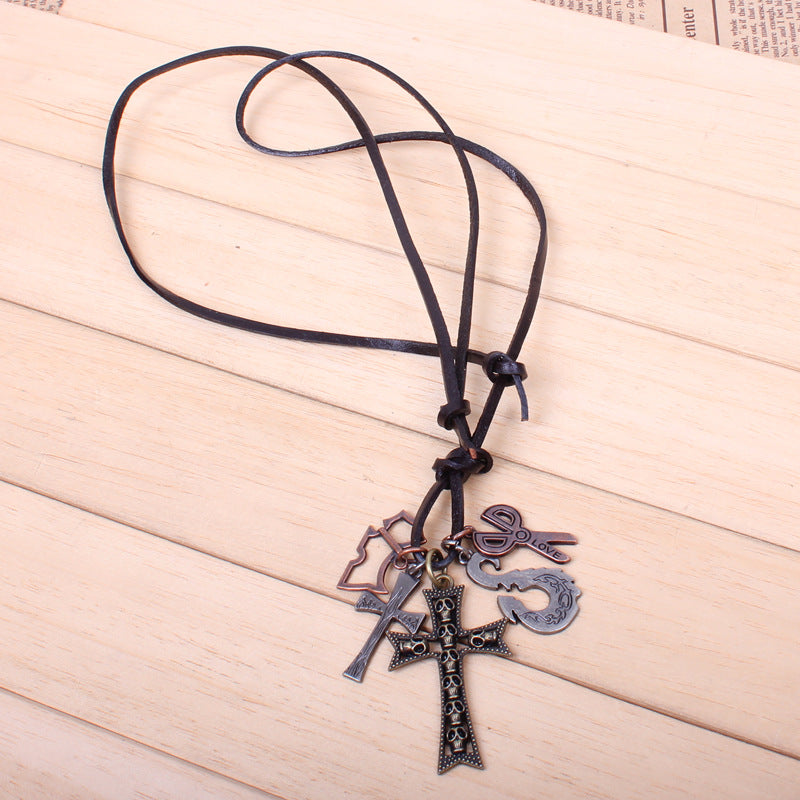 Vintage Copper Leather Handwoven Cross Small Scissors Necklace | Multi-Element Ornaments | Talismans | Wealth Symbols