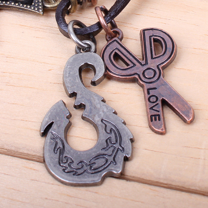 Vintage Copper Leather Handwoven Cross Small Scissors Necklace | Multi-Element Ornaments | Talismans | Wealth Symbols