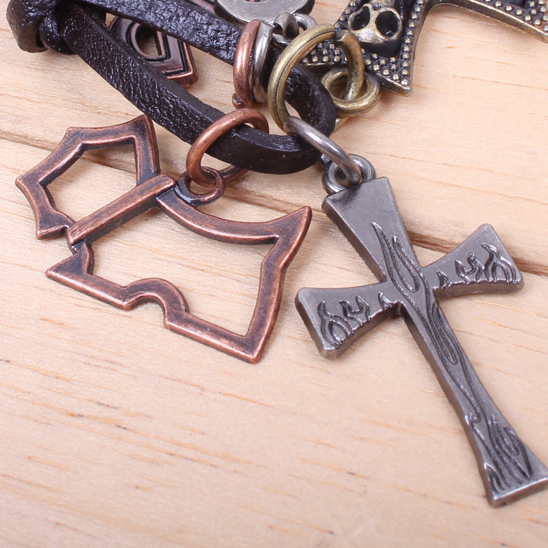 Vintage Copper Leather Handwoven Cross Small Scissors Necklace | Multi-Element Ornaments | Talismans | Wealth Symbols
