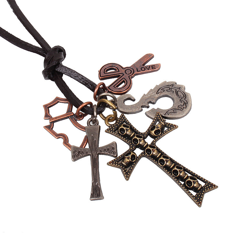 Vintage Copper Leather Handwoven Cross Small Scissors Necklace | Multi-Element Ornaments | Talismans | Wealth Symbols