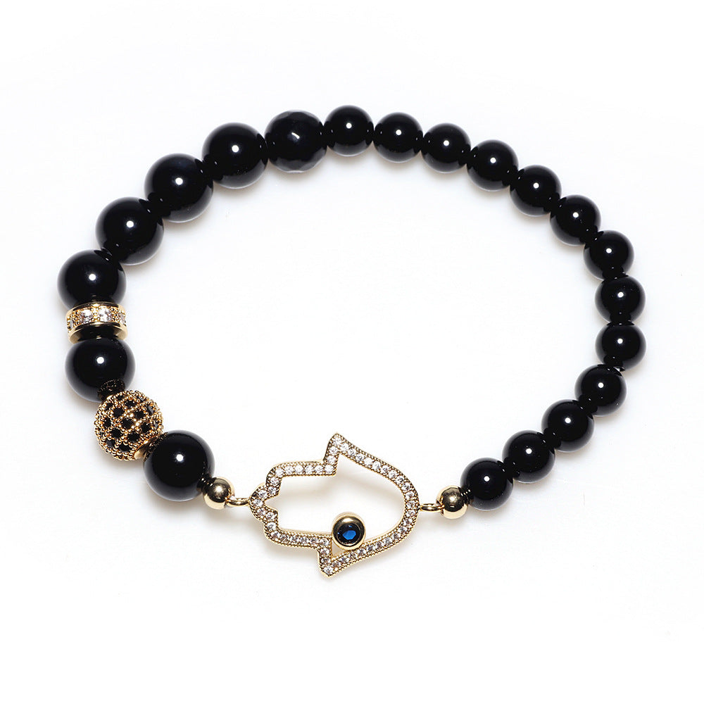 Mysterious Hollow - cut Diamond - inlaid Black Agate Double - bead Bracelet for Peace - guarding Ornament