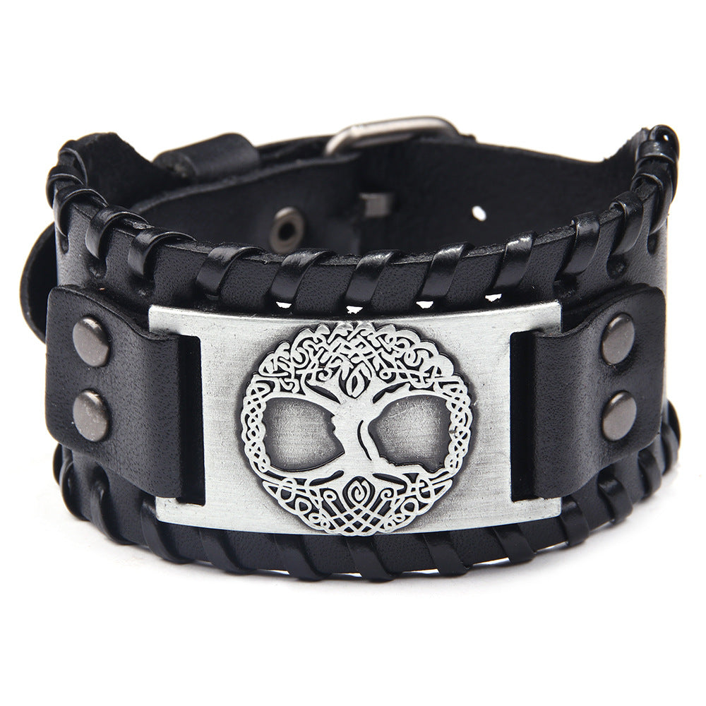 Kabbalah Tree of Life Human Face Totem Genuine Leather Wide Bracelet | Punk Style | Spiritual Protection