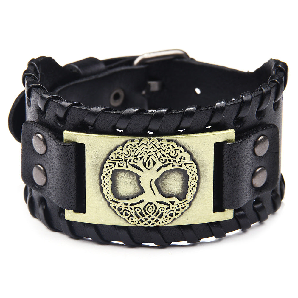 Kabbalah Tree of Life Human Face Totem Genuine Leather Wide Bracelet | Punk Style | Spiritual Protection