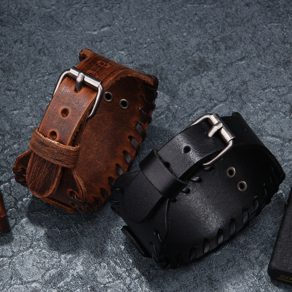 Kabbalah Tree of Life Human Face Totem Genuine Leather Wide Bracelet | Punk Style | Spiritual Protection