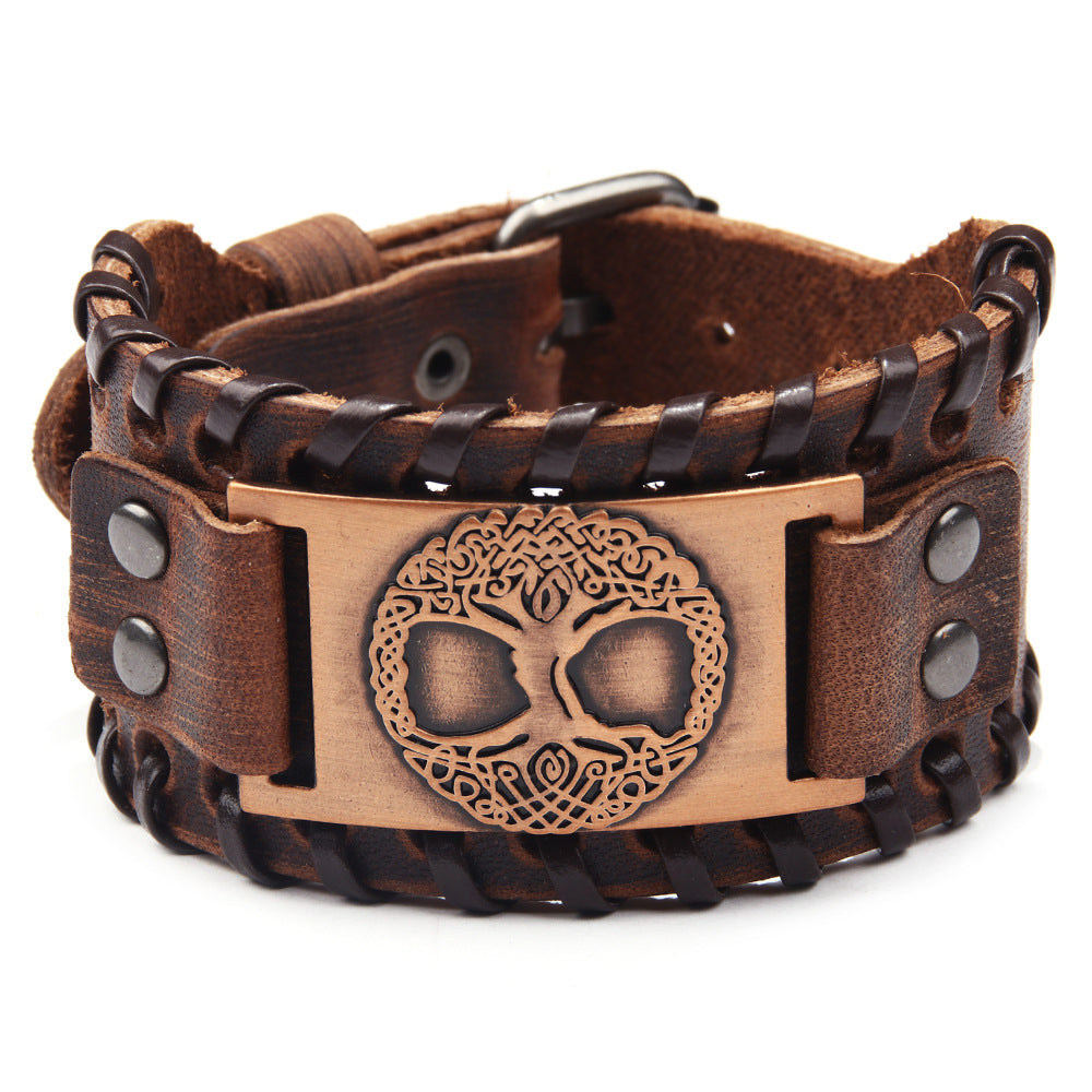 Kabbalah Tree of Life Human Face Totem Genuine Leather Wide Bracelet | Punk Style | Spiritual Protection