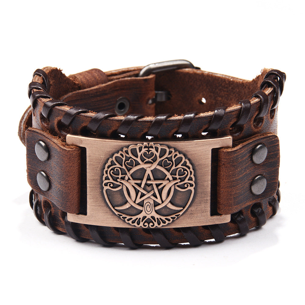 Kabbalah Tree of Life Human Face Totem Genuine Leather Wide Bracelet | Punk Style | Spiritual Protection