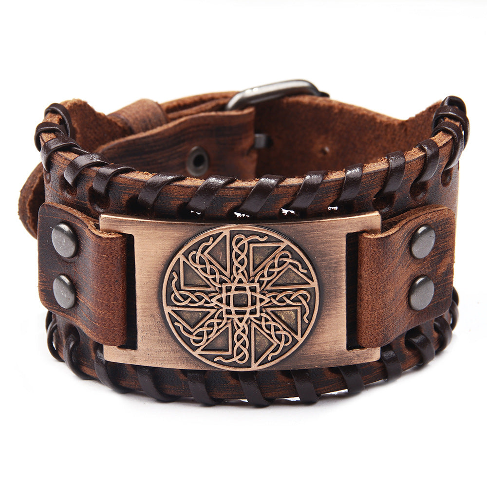 Kabbalah Tree of Life Human Face Totem Genuine Leather Wide Bracelet | Punk Style | Spiritual Protection