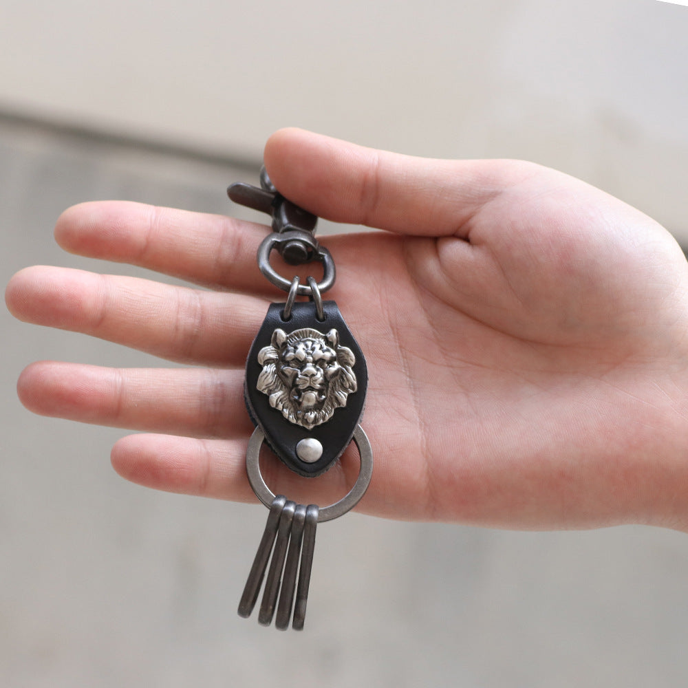 Wächter-Totem, handgewebtes Lederseil, Metall-Löwe, Retro-Leder-Autoschlüsselring 