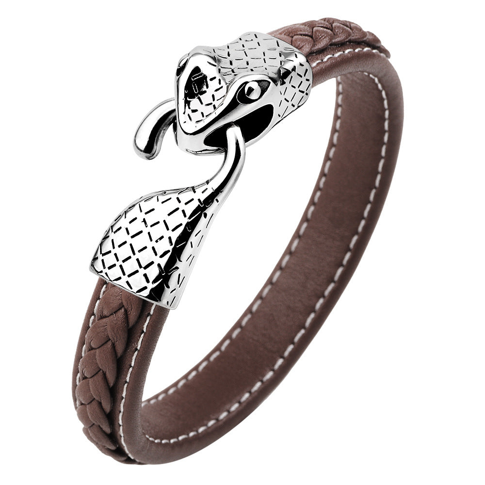 Pulsera de cuero tejida a mano con tótem de serpiente espiritual | Acero inoxidable | Estilo urbano retro