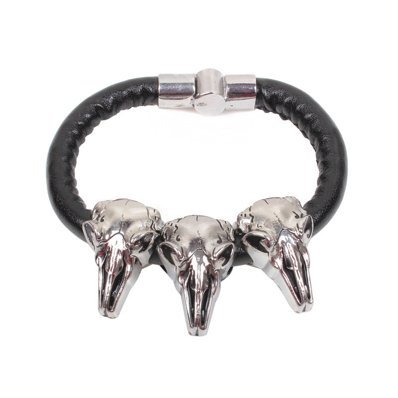 Geheimnisvoller Schafskopf-Totenkopf-Lederseil-Magnetschnalle-Herrenarmband | Amulett | Geheimnisvolle Kraft 