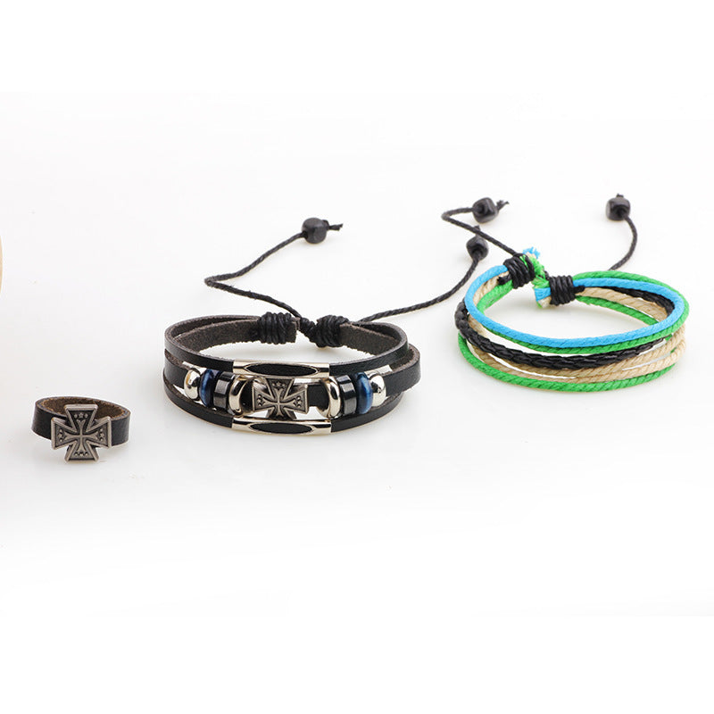 Roman Cross Totem Genuine Leather Beaded Hand - woven Guardian Set (Bracelet and Ring Three - piece Set)