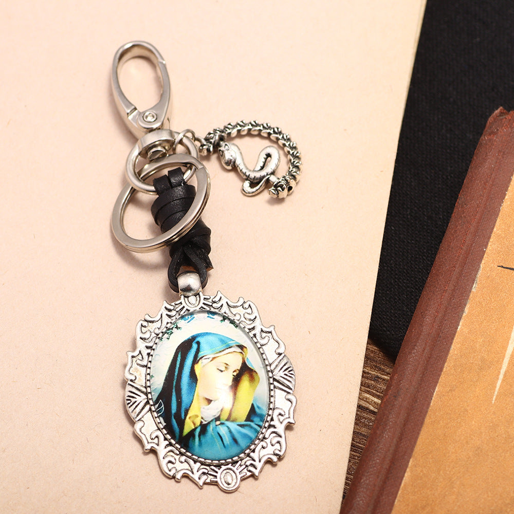 Virgin Mary Blessing Glass and Metal Vintage Keychain Pendant