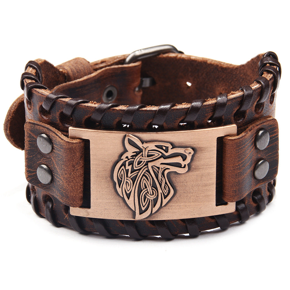 Kabbalah Tree of Life Human Face Totem Genuine Leather Wide Bracelet | Punk Style | Spiritual Protection