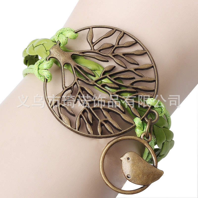 Big Tree and Bird Natural Wind Jewelry PU Braided Rope Adjustable Bracelet