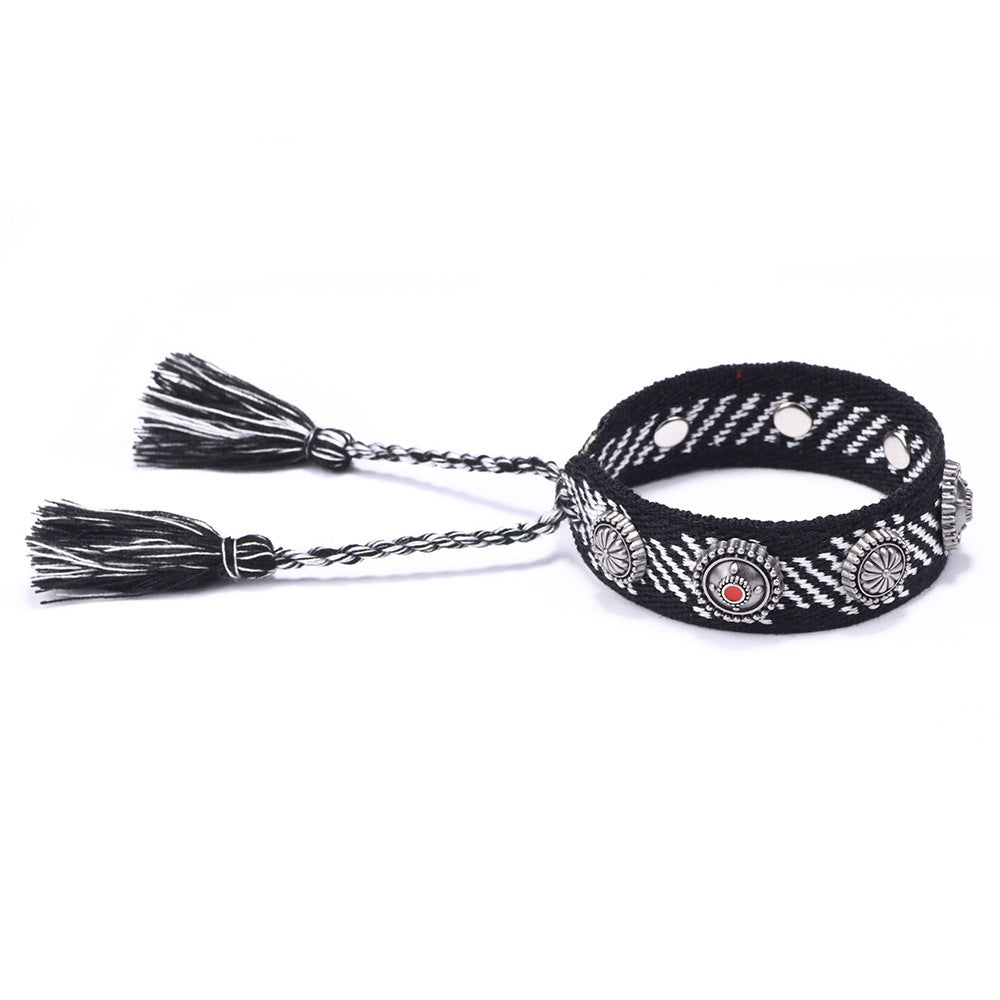 Ethnic Charm · Alloy Rivet Braided Tassel Bracelet | Retro Fashion | Flexible and Versatile