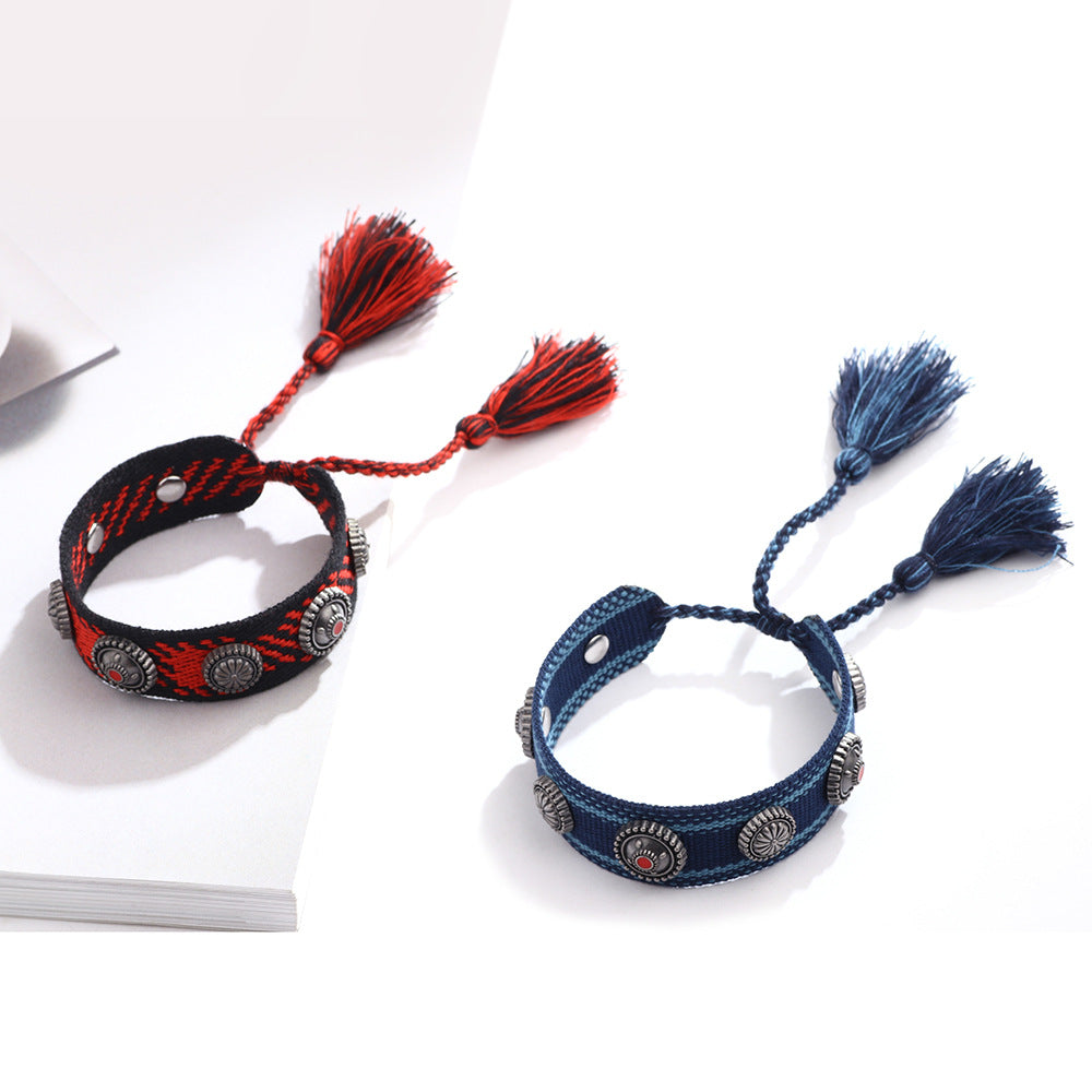Ethnic Charm · Alloy Rivet Braided Tassel Bracelet | Retro Fashion | Flexible and Versatile