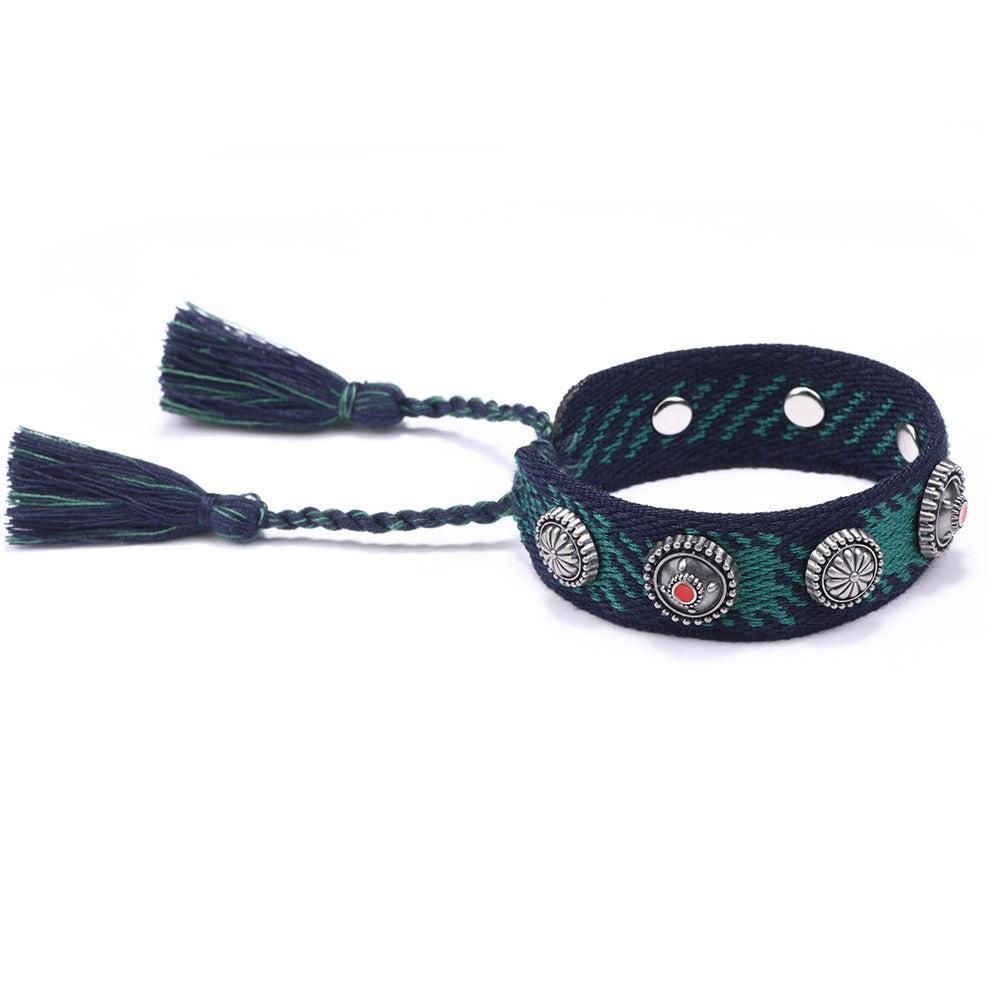 Ethnic Charm · Alloy Rivet Braided Tassel Bracelet | Retro Fashion | Flexible and Versatile