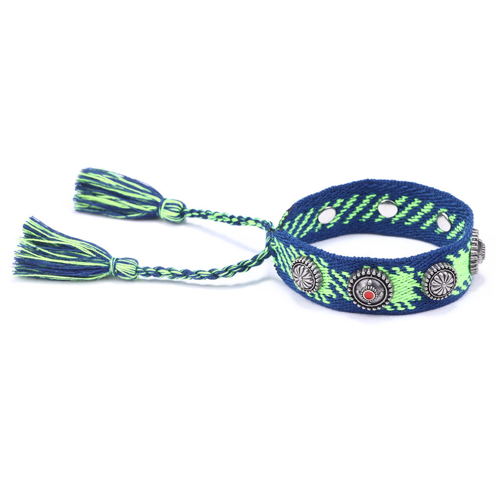 Ethnic Charm · Alloy Rivet Braided Tassel Bracelet | Retro Fashion | Flexible and Versatile