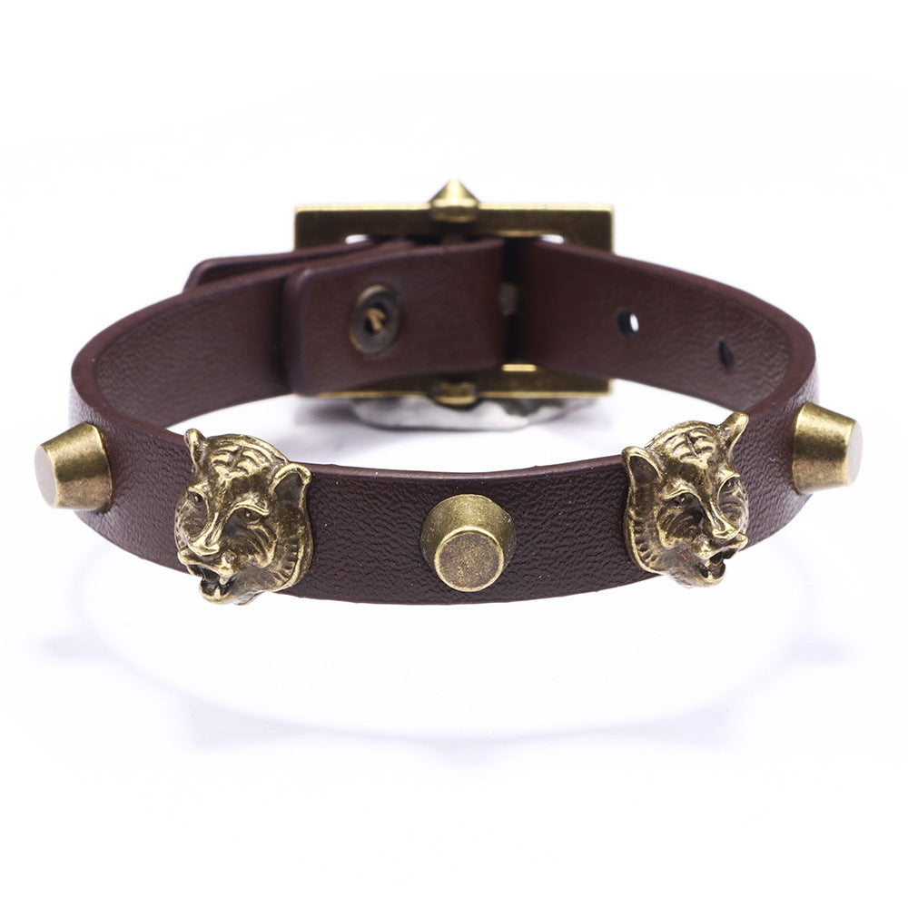 Tiger Power Guardian Antique Bronze Tiger Head Men's Adjustable Leather Bracelet