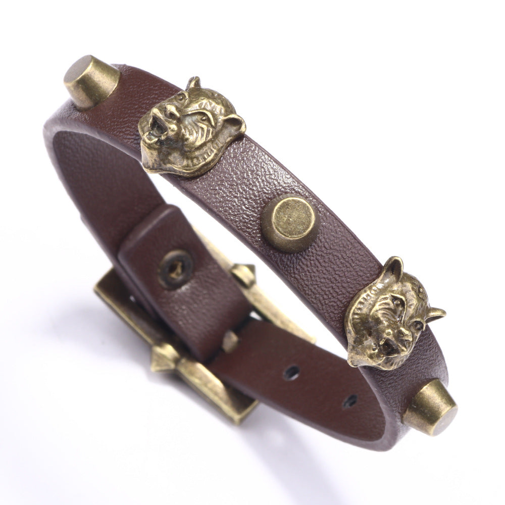 Tiger Power Guardian Antique Bronze Tiger Head Men's Adjustable Leather Bracelet