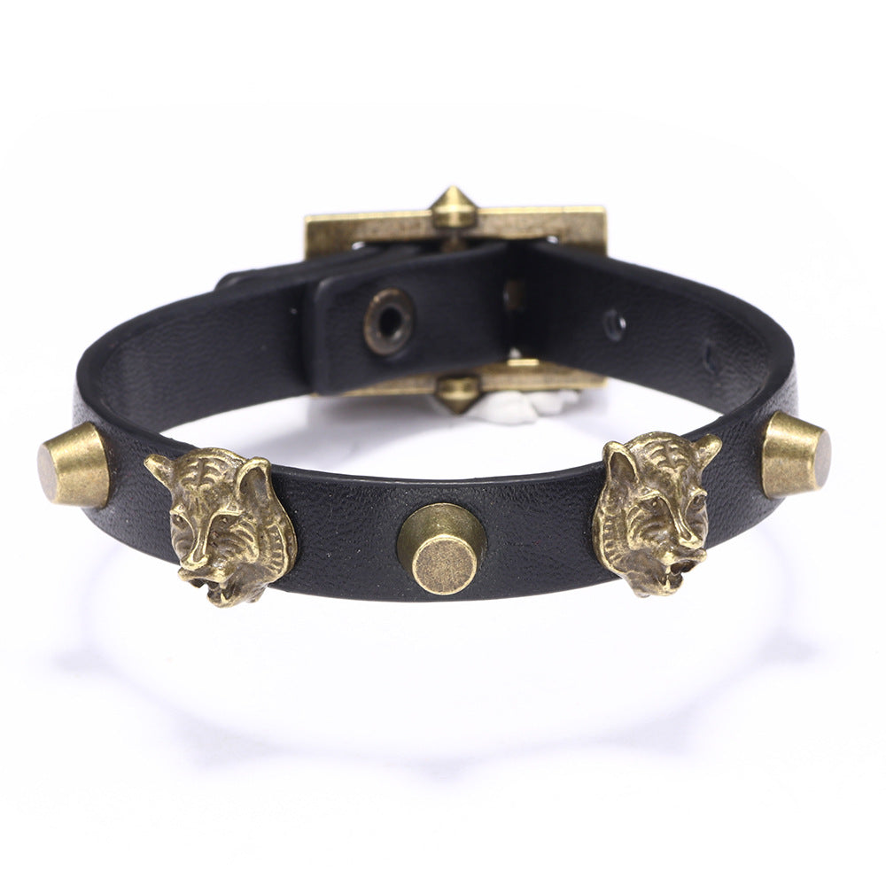 Tiger Power Guardian Antique Bronze Tiger Head Men's Adjustable Leather Bracelet