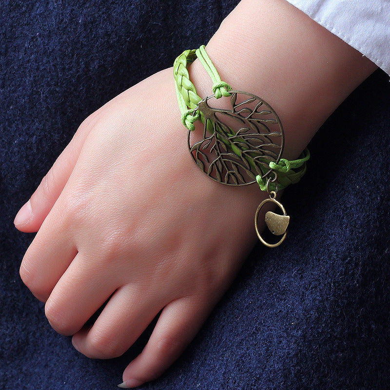 Big Tree and Bird Natural Wind Jewelry PU Braided Rope Adjustable Bracelet
