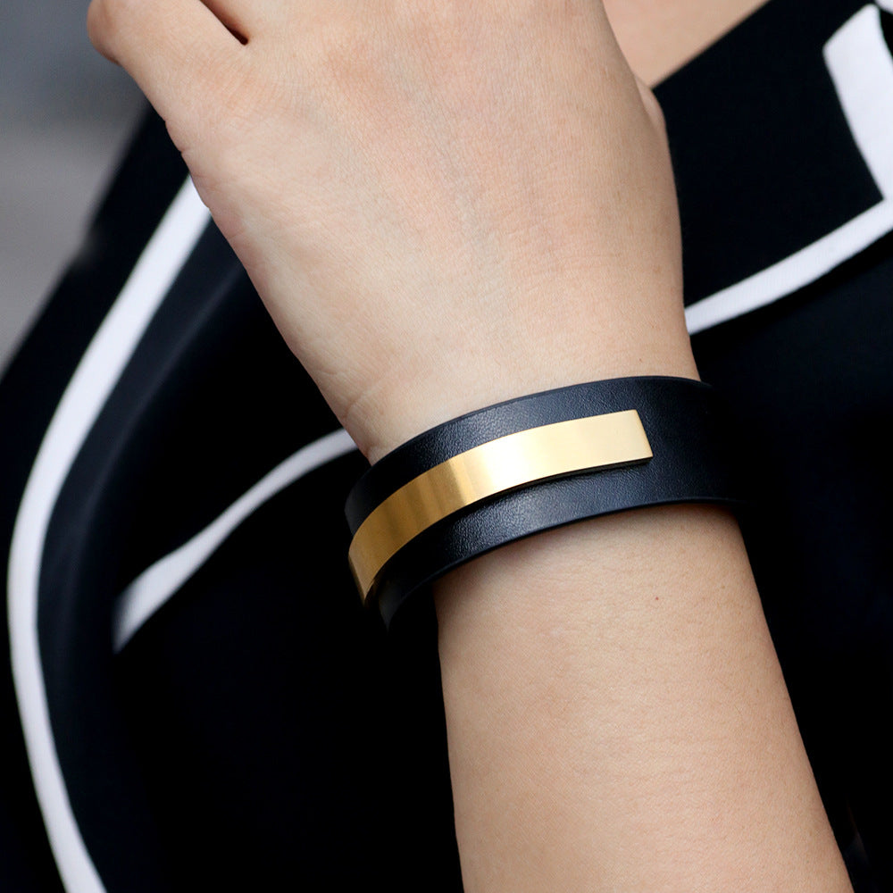 Spiritual U-shaped Titanium Steel PU Wide Leather Student Girl's Bracelet - Choice for Energy Balance