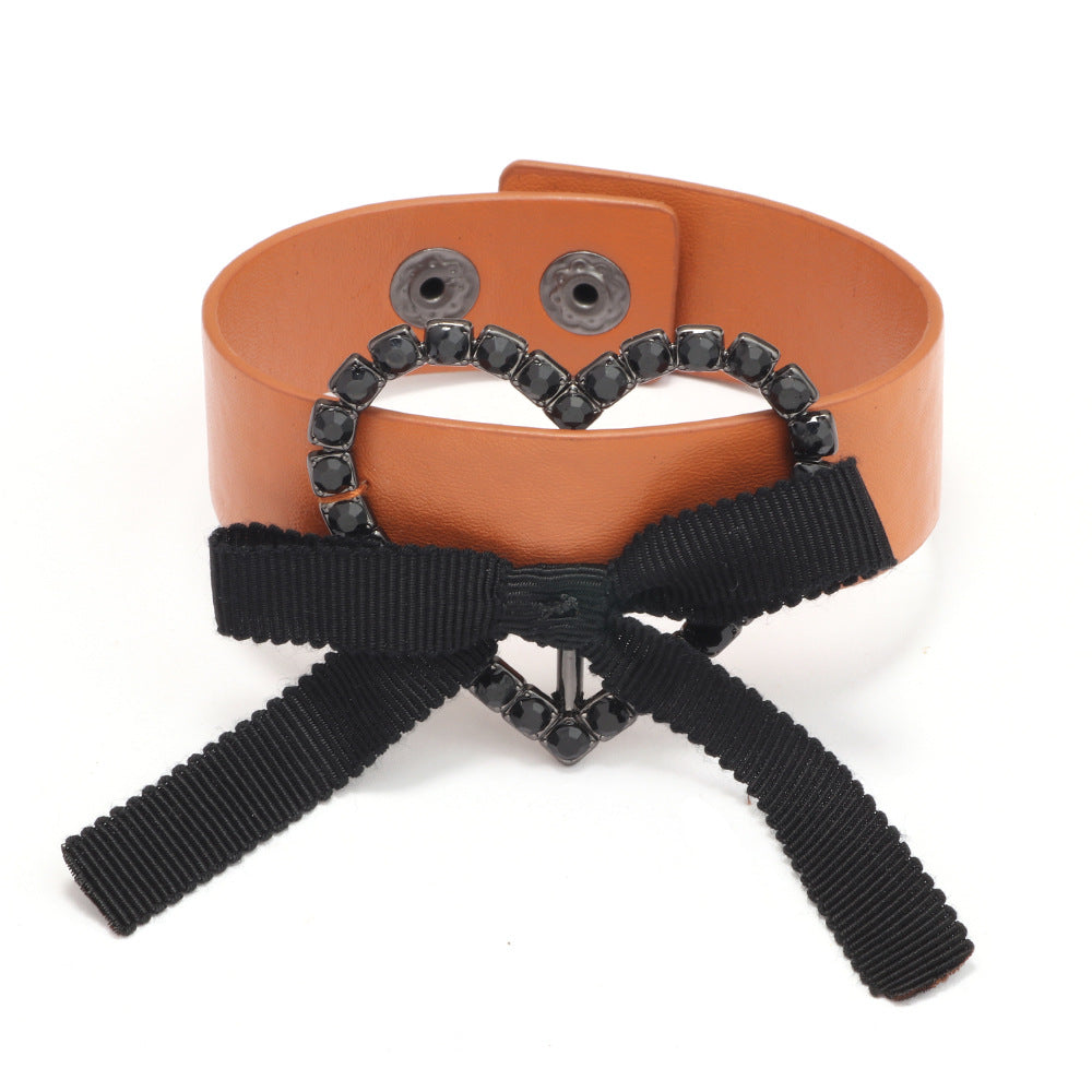 Love Symbol PU Leather Heart - Bow - Knot Diamond - Inlaid Bracelet | Exclusive Smart Accessory for Students