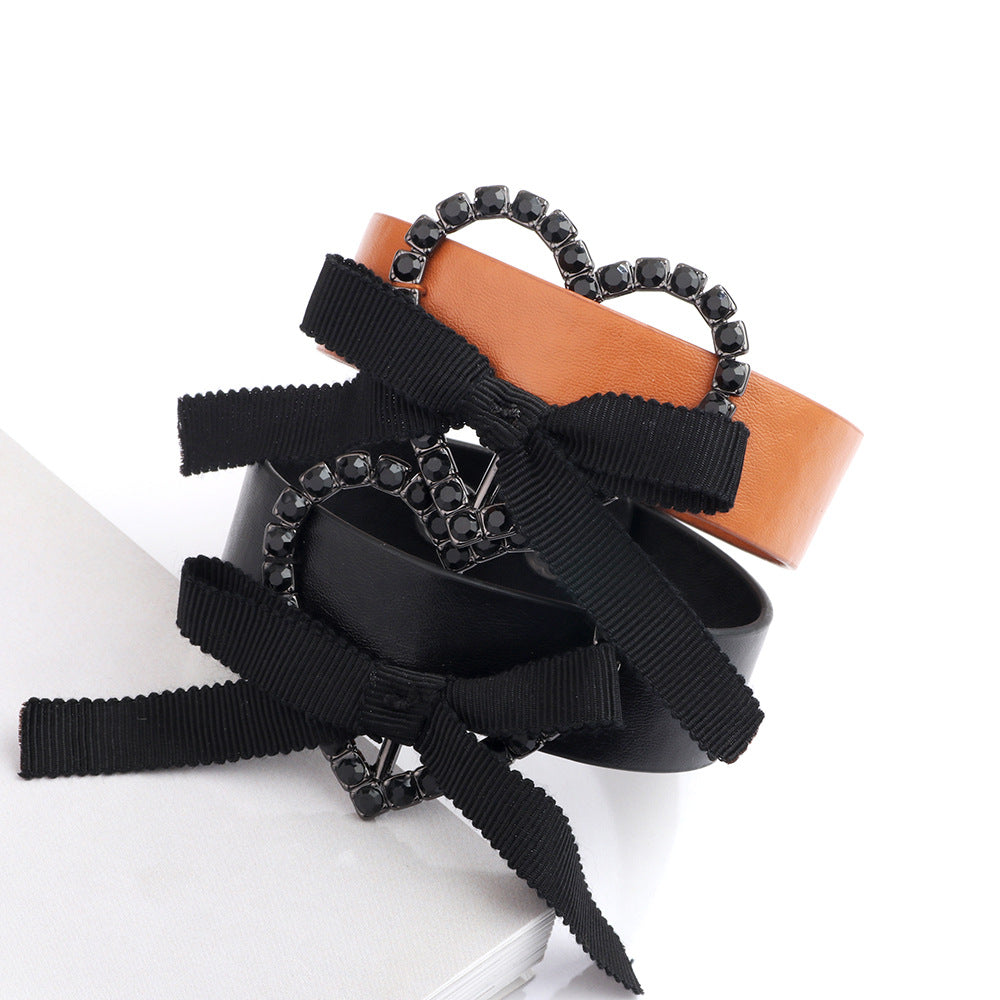Love Symbol PU Leather Heart - Bow - Knot Diamond - Inlaid Bracelet | Exclusive Smart Accessory for Students