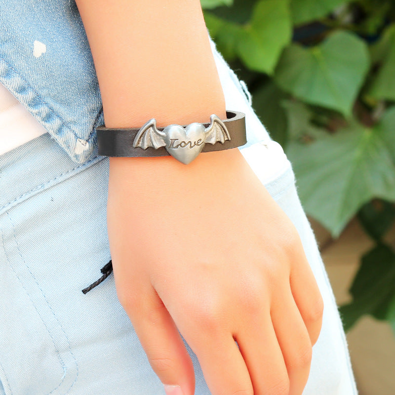 Fashion Love Leather Alloy Bracelet | Retro Wind Bat Wings | Street Photography Trend Accessories Men