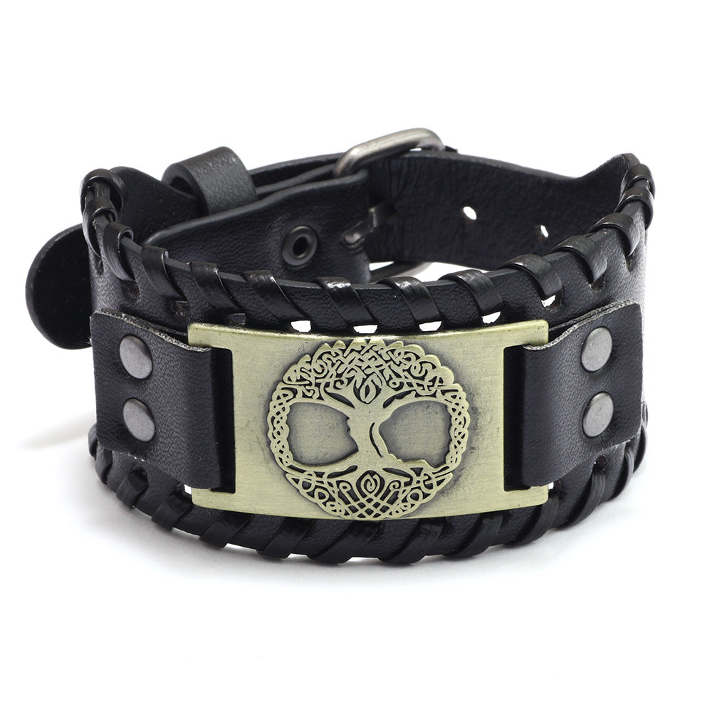 Kabbalah Tree of Life Human Face Totem Genuine Leather Wide Bracelet | Punk Style | Spiritual Protection