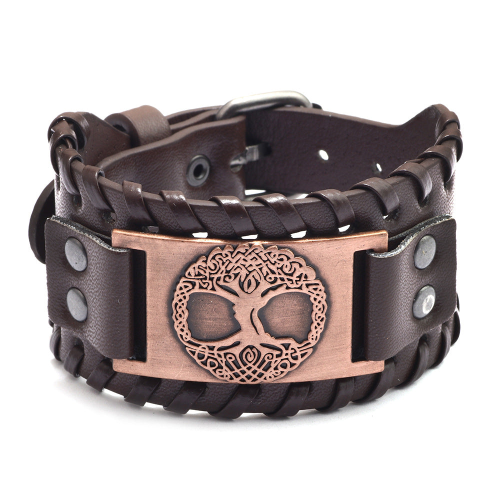 Kabbalah Tree of Life Human Face Totem Genuine Leather Wide Bracelet | Punk Style | Spiritual Protection