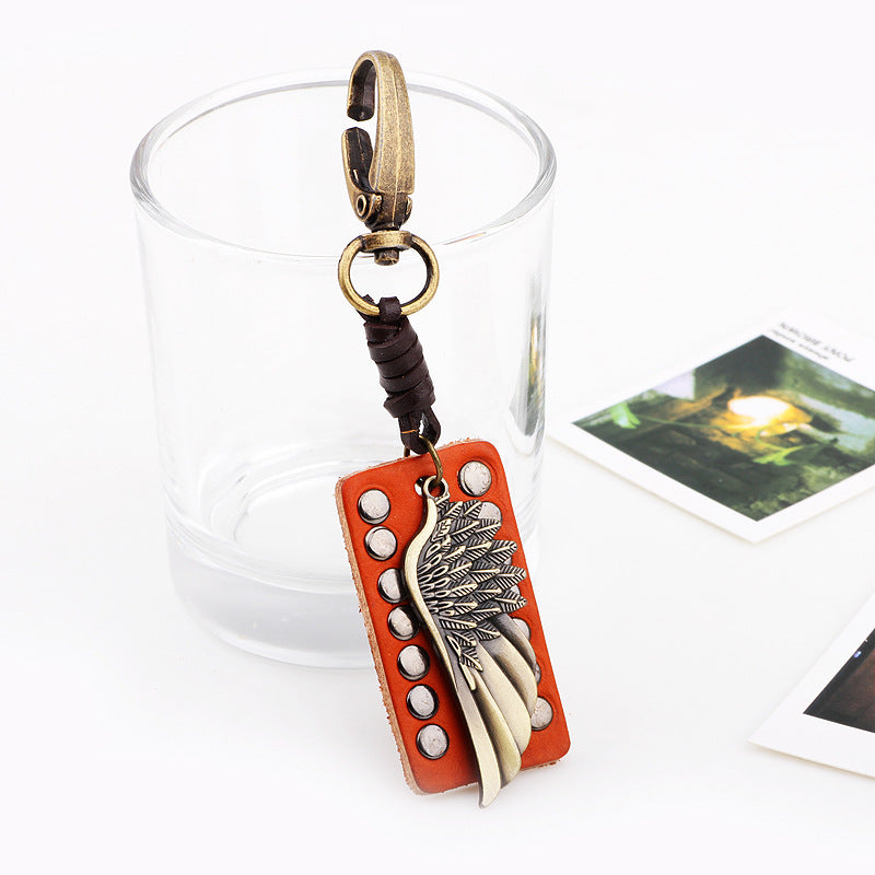 Guardian Angel Image Genuine Leather Rivet Men's Keychain | Spiritual Protection